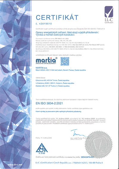 Certifikát EN ISO 3834-2 (CZE)